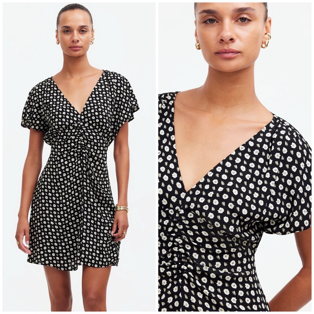 Madewell Ruched V-Neck Mini Dress in Floral Size 14 EUC
